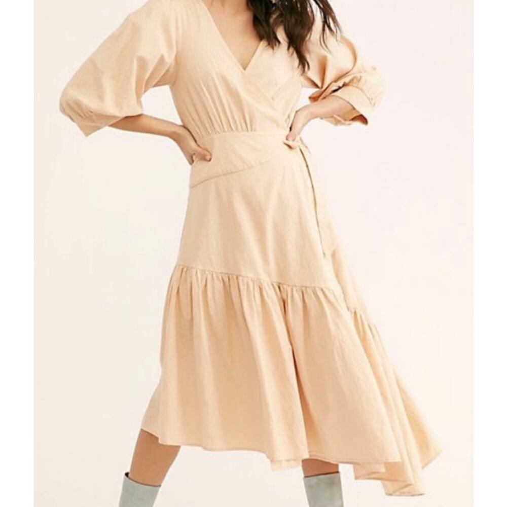 Free People Linen Wrap Midi Dress Puff Sleeve Peach Boho Size: S